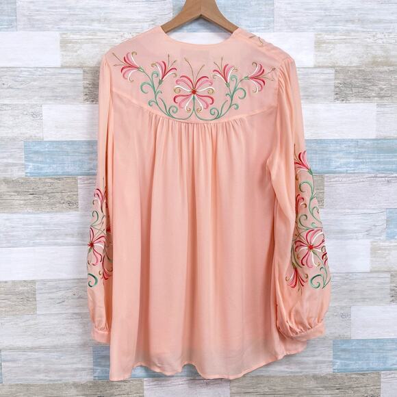 Bob Mackie Silk Floral Embroidered Crepe Blouse Pink Wearable Art Womens Large - Picture 4 of 6